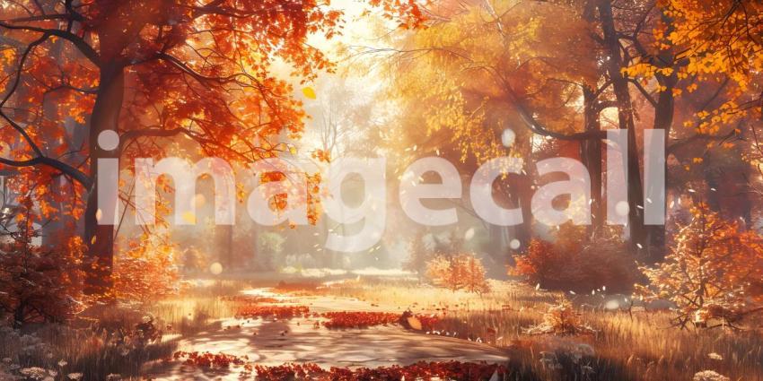 Autumn scene with Trees and leaves in sun light background - Ai