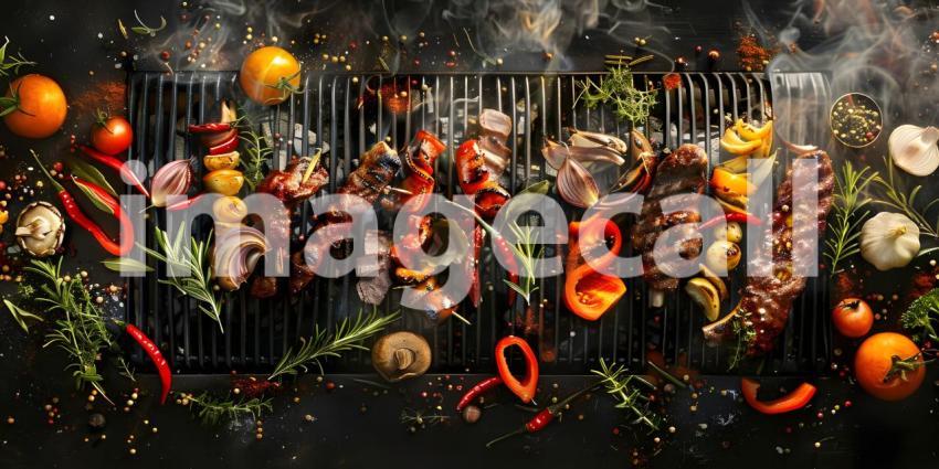 BBQ Grilled with Fresh Herbs and Spices background - Ai Generate