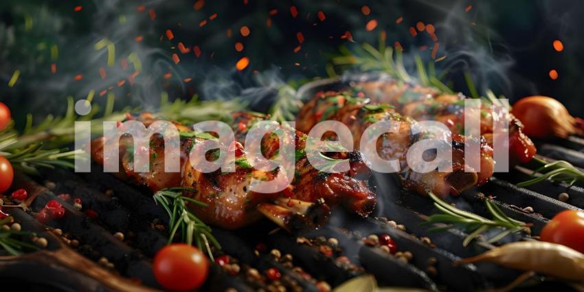 BBQ Grilled with Fresh Herbs and Spices background - Ai Generate