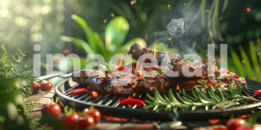 BBQ Grilled with Fresh Herbs and Spices background - Ai Generate