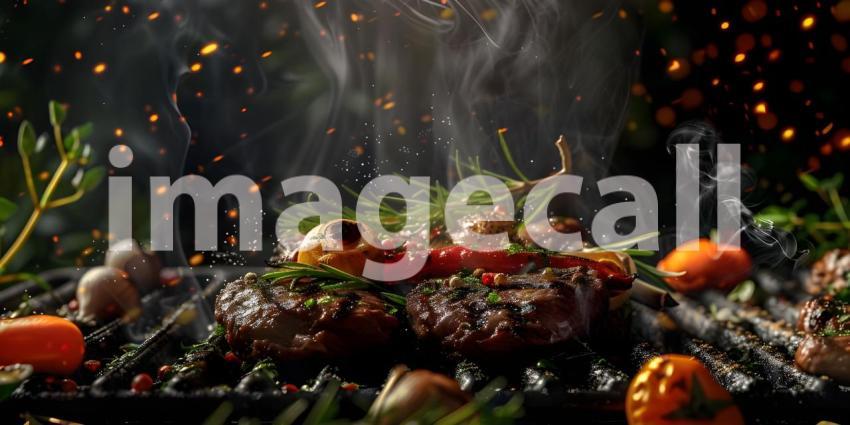 BBQ Grilled with Fresh Herbs and Spices background - Ai Generate