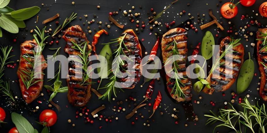 BBQ Grilled with Fresh Herbs and Spices background - Ai Generate