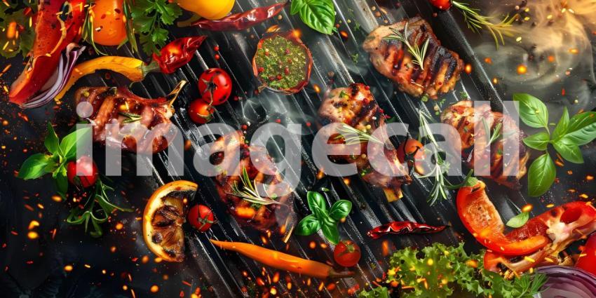 BBQ Grilled with Fresh Herbs and Spices background - Ai Generate