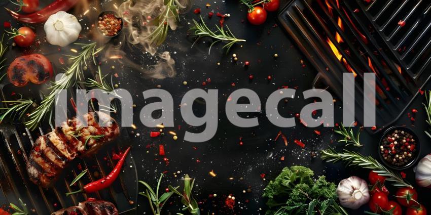 BBQ Grilled with Fresh Herbs and Spices background - Ai Generate