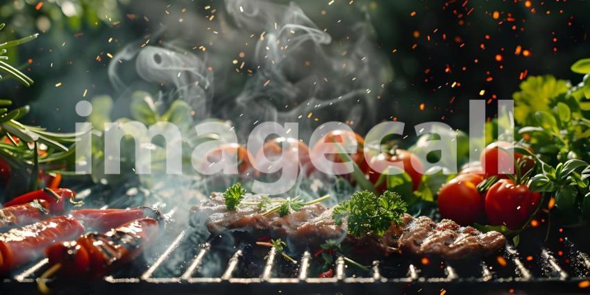 BBQ Grilled with Fresh Herbs and Spices background - Ai Generate