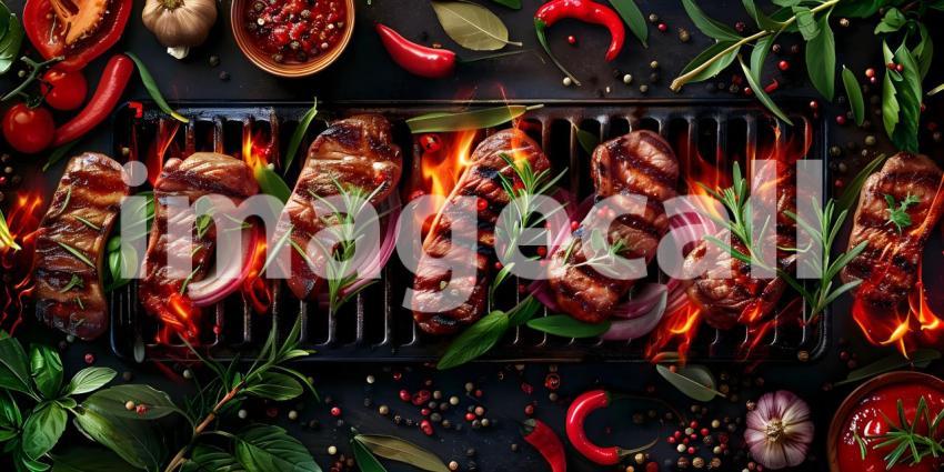 BBQ Grilled with Fresh Herbs and Spices background - Ai Generate