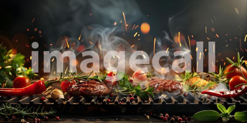 BBQ Grilled with Fresh Herbs and Spices background - Ai Generate