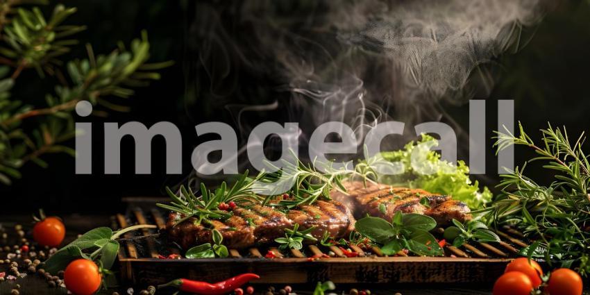 BBQ Grilled with Fresh Herbs and Spices background - Ai Generate