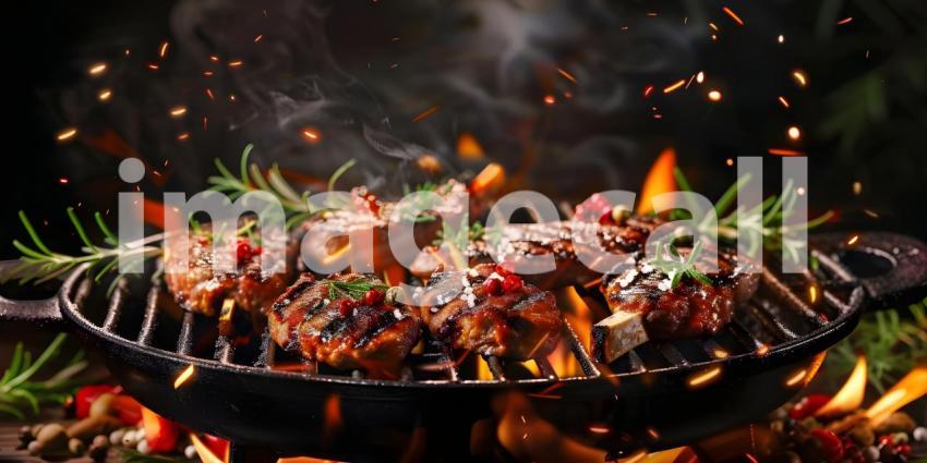BBQ Grilled with Fresh Herbs and Spices background - Ai Generate