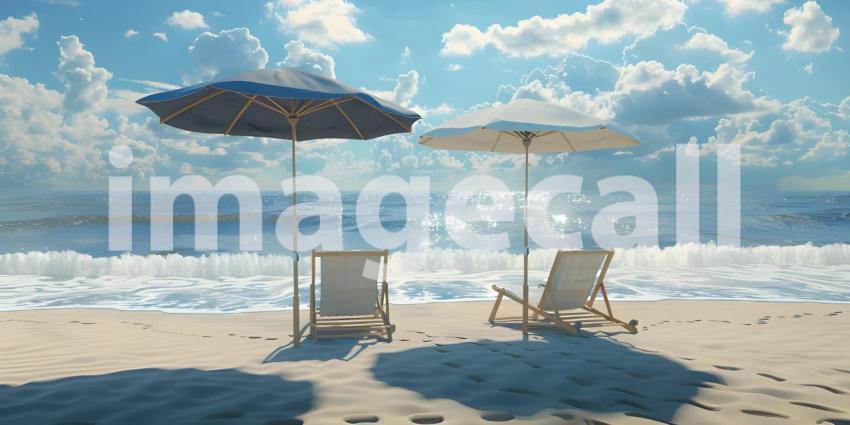 Beach umbrella with chairs on the sand summer vacation concept b