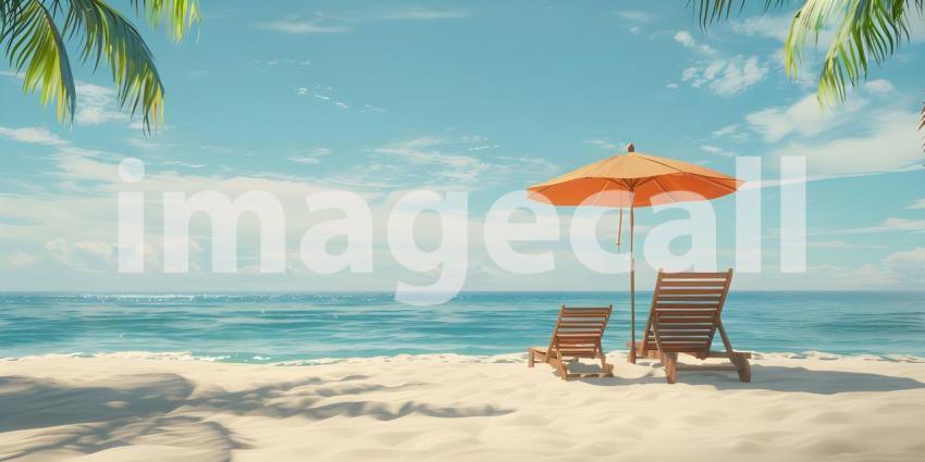 Beach umbrella with chairs on the sand summer vacation concept b