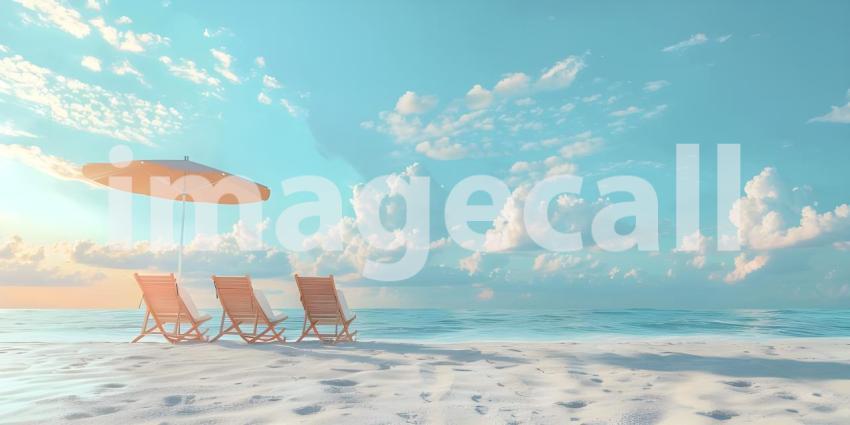 Beach umbrella with chairs on the sand summer vacation concept b