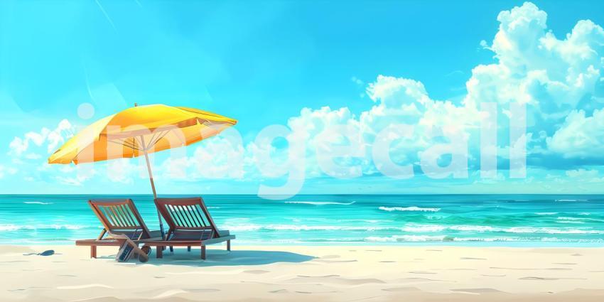Beach umbrella with chairs on the sand summer vacation concept b