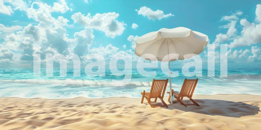 Beach umbrella with chairs on the sand summer vacation concept b