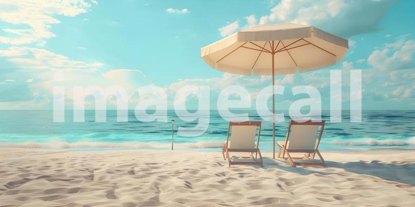 Beach umbrella with chairs on the sand summer vacation concept b
