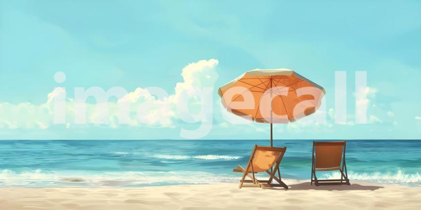 Beach umbrella with chairs on the sand summer vacation concept b