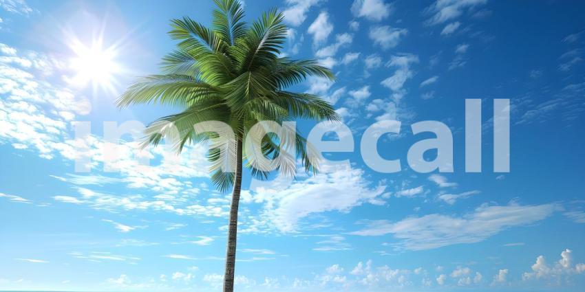Beautiful Coconut Palm tree with blue sky and sun background - A