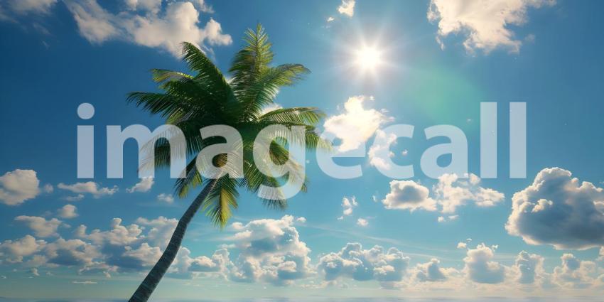 Beautiful Coconut Palm tree with blue sky and sun background - A