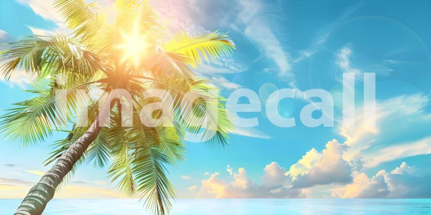 Beautiful Coconut Palm tree with blue sky and sun background - A
