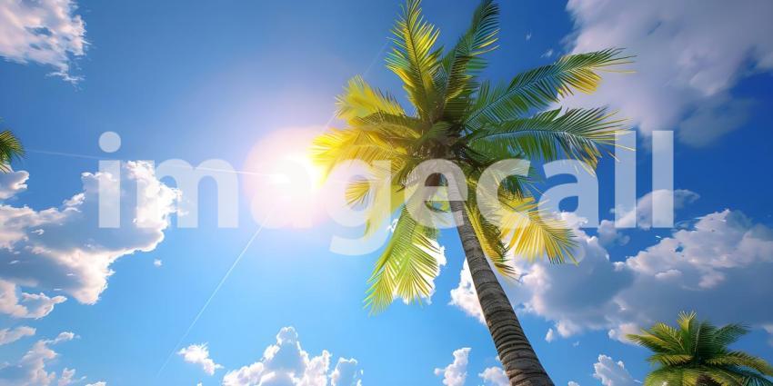 Beautiful Coconut Palm tree with blue sky and sun background - A