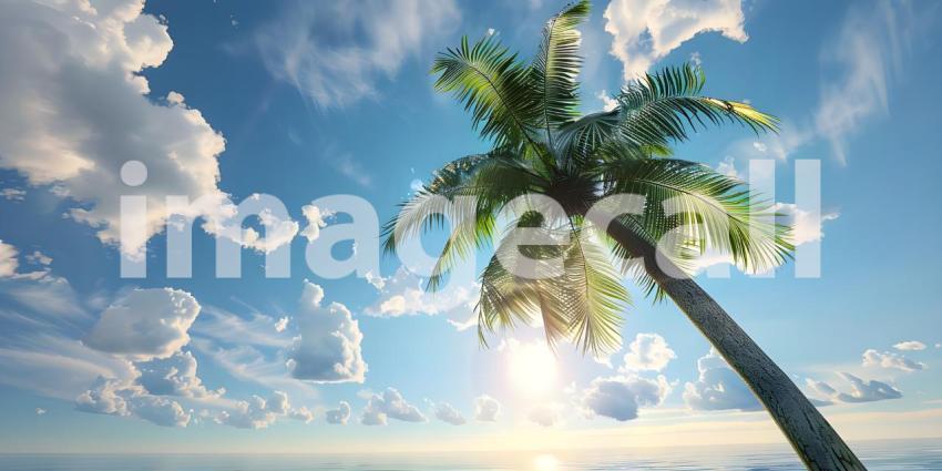 Beautiful Coconut Palm tree with blue sky and sun background - A