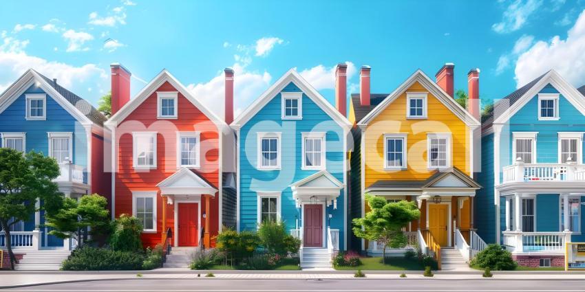 Beautiful colorful houses in street background - Ai Generated