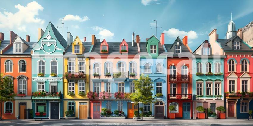 Beautiful colorful houses in street background - Ai Generated