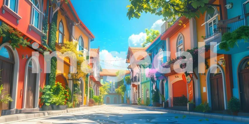 Beautiful colorful houses in street background - Ai Generated