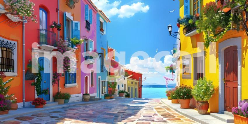 Beautiful colorful houses in street background - Ai Generated