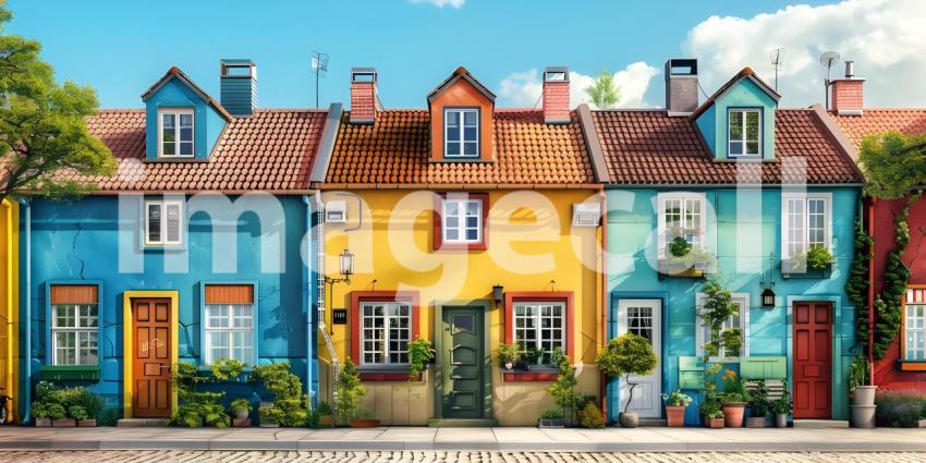 Beautiful colorful houses in street background - Ai Generated