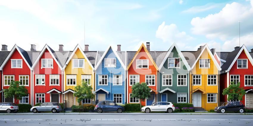 Beautiful colorful houses in street background - Ai Generated