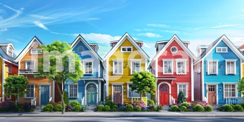 Beautiful colorful houses in street background - Ai Generated