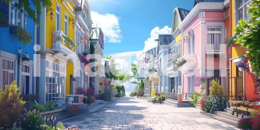 Beautiful colorful houses in street background - Ai Generated