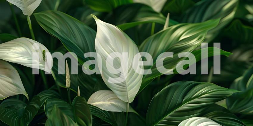 Beautiful leaves of Spathiphyllum cannifolium in the garden back