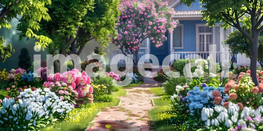 Beautiful home garden in full bloom background - Ai Generated