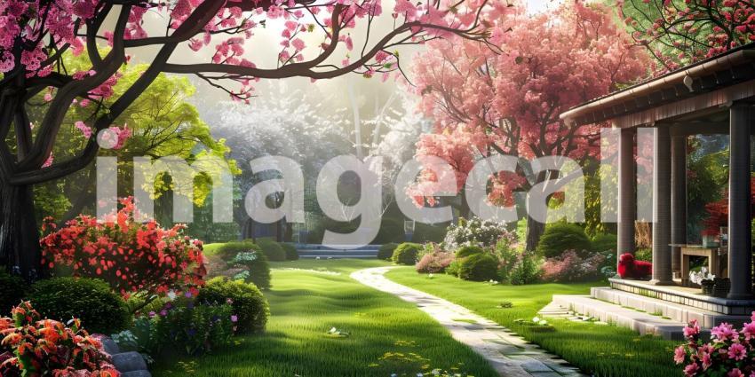Beautiful home garden in full bloom background - Ai Generated