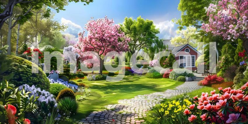 Beautiful home garden in full bloom background - Ai Generated