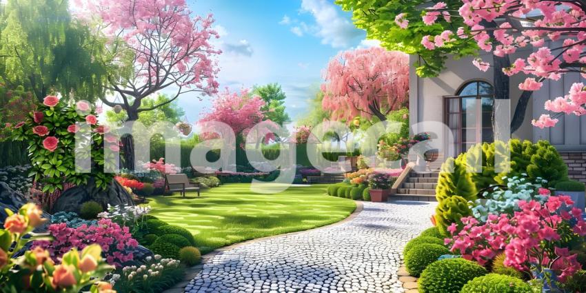 Beautiful home garden in full bloom background - Ai Generated