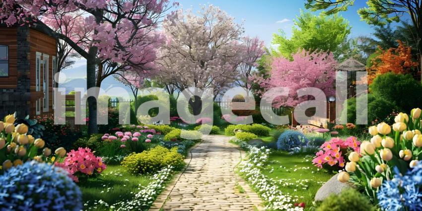 Beautiful home garden in full bloom background - Ai Generated