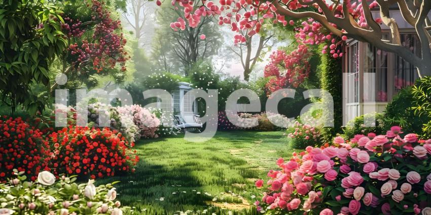 Beautiful home garden in full bloom background - Ai Generated