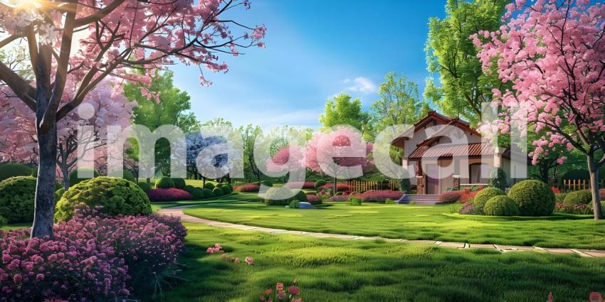 Beautiful home garden in full bloom background - Ai Generated