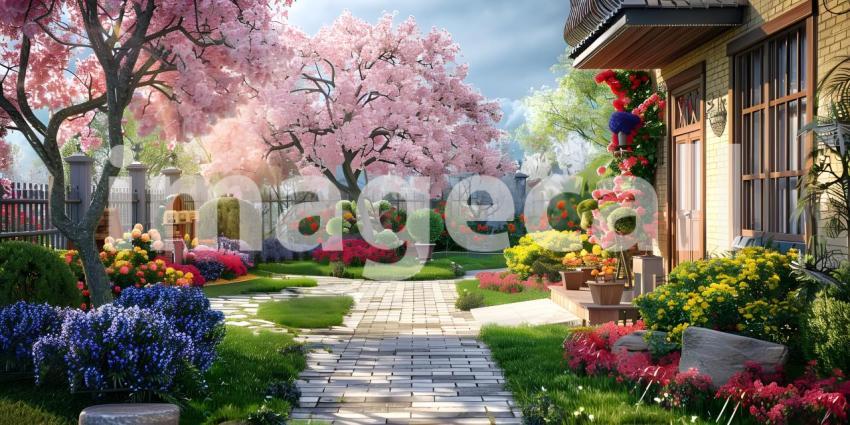 Beautiful home garden in full bloom background - Ai Generated