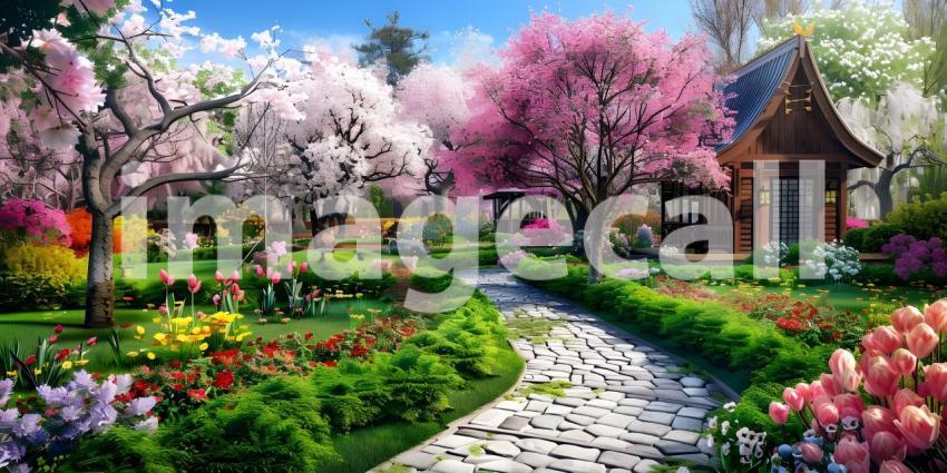 Beautiful home garden in full bloom background - Ai Generated