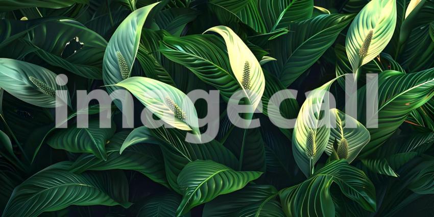 Beautiful leaves of Spathiphyllum cannifolium in the garden back