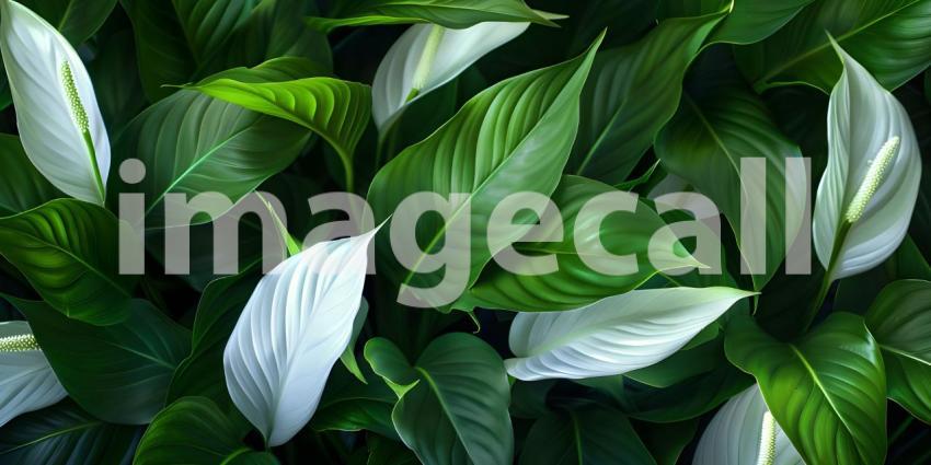 Beautiful leaves of Spathiphyllum cannifolium in the garden back