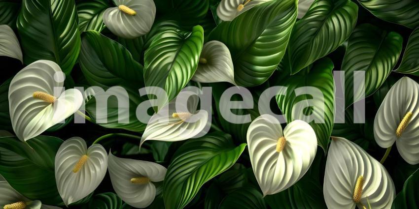 Beautiful leaves of Spathiphyllum cannifolium in the garden back