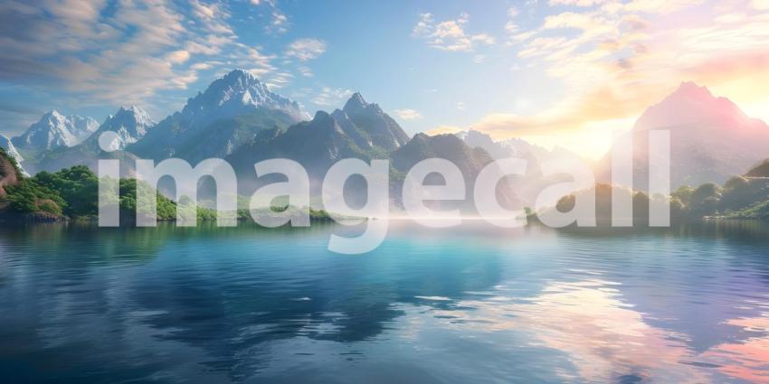 Beautiful Mountains surrounded by water background - Ai Generate