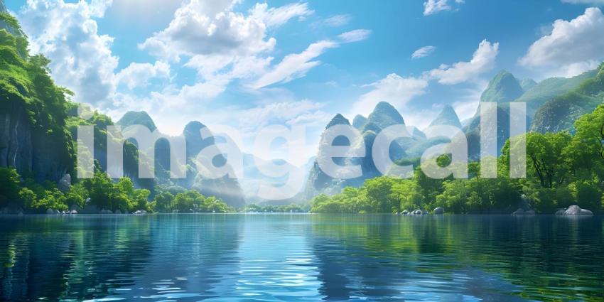 Beautiful Mountains surrounded by water background - Ai Generate