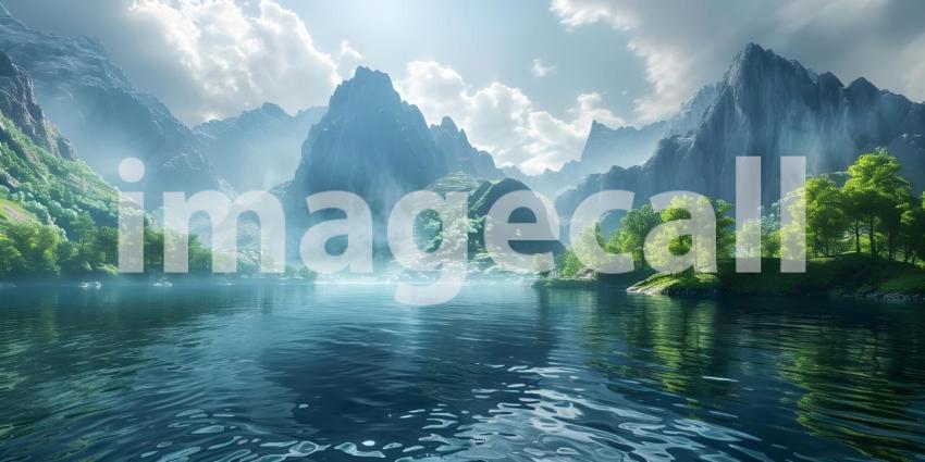 Beautiful Mountains surrounded by water background - Ai Generate