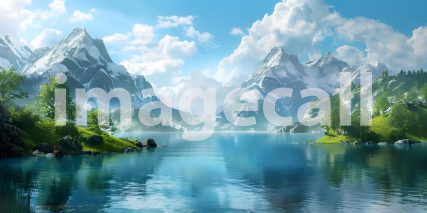 Beautiful Mountains surrounded by water background - Ai Generate